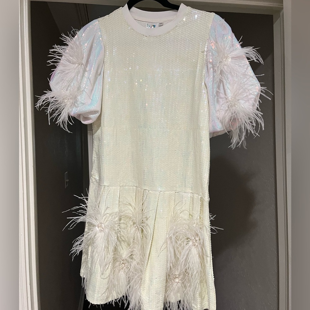 White Queen of Sparkles Sequin and Feather Dress